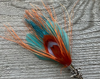 Unique handmade feather lapel pin, boutonniere, hat pin, tussie mussie aqua & orange 4"