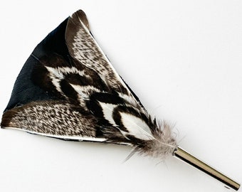 Unique handmade feather lapel pin, boutonniere, hat pin, tussie mussie  with silver toned ribbed pin base 4.5"