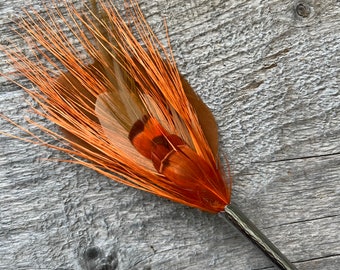 Unique handmade feather lapel pin, boutonniere, hat pin, tussie mussie cocoa and orange 4"