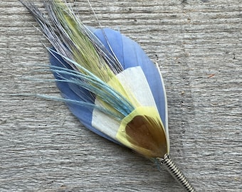 Unique handmade feather lapel pin, boutonniere, hat pin, tussie mussie blue, white, green 4"