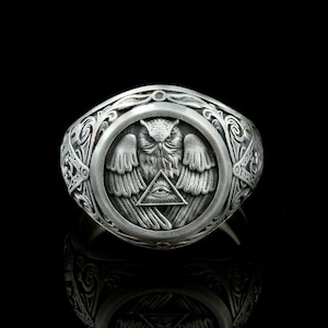 Handmade Sterling Silver Owl Ring: Geometric Design, Minimalist Mens Jewelry