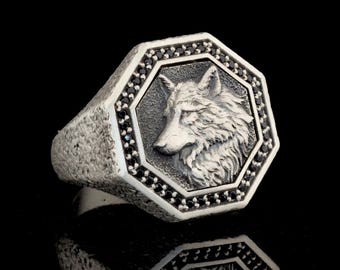 Sterling Silver Wolf Ring: Geometric Band, Mens Jewelry