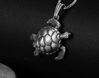 Oxidized Sterling Silver Sea Turtle Necklace: Coastal Ocean Jewelry