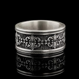 Motif Embroidered Silver Men&#39;s Ring, Sterling Silver Mens Ring, Gift for Boyfriends, Valentine&#39;s Day Gift, 925 Sterling Silver Ring