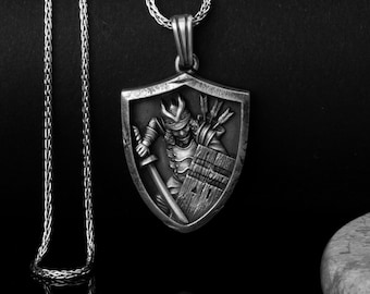 Sterling Silver Samurai Shield Pendant Necklace, Bushido Kendo Jewelry