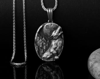 Oxidized Sterling Silver Howling Wolf Necklace, Spirit Animal Jewelry