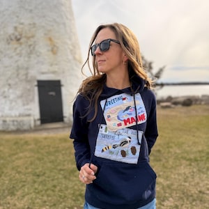 メイン州沿岸カスタムスウェットシャツ - ハンドメイドアップリケ、ビーチウェア、沿岸パーカー、マリンスタイル