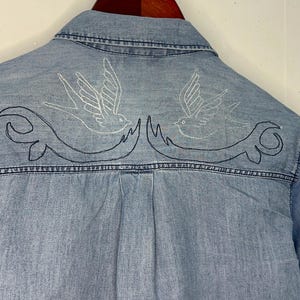 Hand-Embroidered Denim Button-Up Shirt | Sparrows and Flowers | One-of-a-Kind Upcycled Chambray