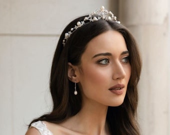 MARGAUX | Crystal wedding crown, pearl bridal tiara, crystal wedding tiara, silver crystal crown