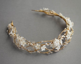 MARINA | Gold wedding crown, floral bridal crown, bridal tiara