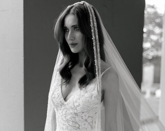 SELENE | Embellished wedding veil, modern mantilla veil, ivory chapel length wedding veil