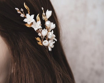 BELLE | Bridal hair comb, gold floral wedding hair piece, bridal headpiece, bridal side hair comb