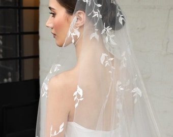 WILD WILLOWS | Chapel wedding veil, embellished bridal veil with blusher, bridal veil with lace leaves