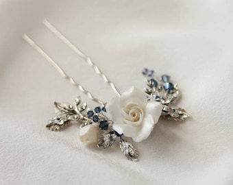 MAYBELLE | floral hair pin with blue crystals, something blue pin, something blue for bride