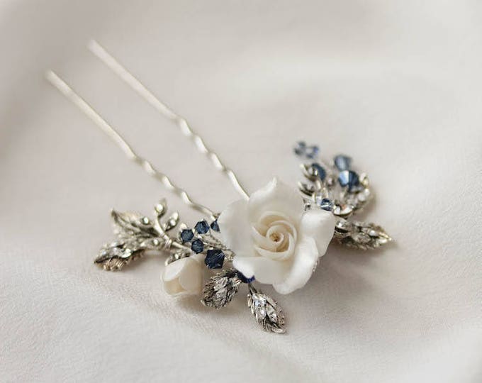 MAYBELLE | floral hair pin with blue crystals, something blue pin, something blue for bride