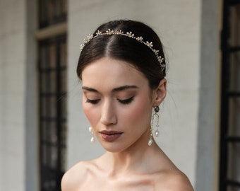 CELESTE | Something blue bridal headpiece, Minimalist bridal headband, pearl wedding headpiece, gold wedding tiara