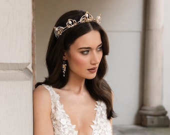 ALLEGRA / Corona de novia de declaración, corona de boda de oro, tiara de novia de perlas