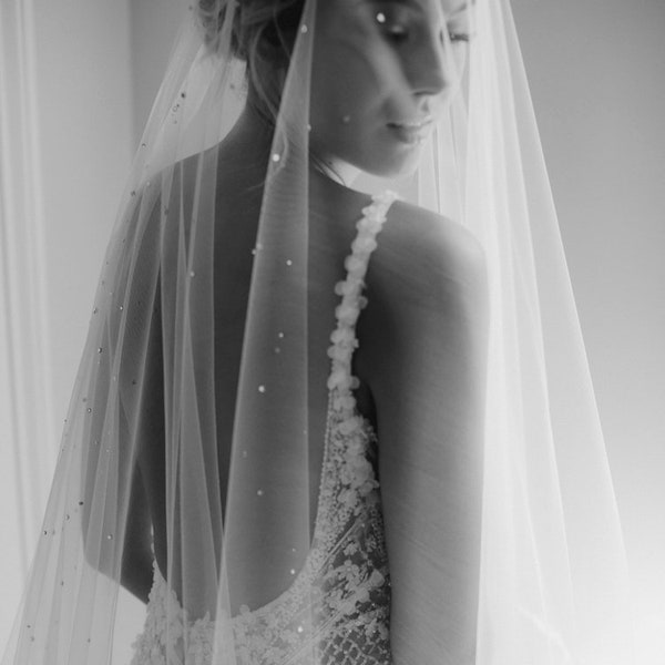 MORNING MIST | cathedral wedding veil with crystals, cathedral length veil, crystal veil, floor length veil