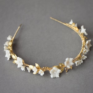 MONA Floral bridal headband, gold bridal headpiece, floral bridal tiara, gold wedding crown image 1