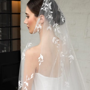 WILD WILLOWS Chapel wedding veil, embellished bridal veil with blusher, bridal veil with lace leaves image 1