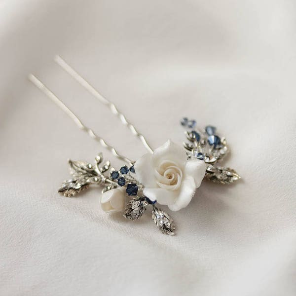 MAYBELLE | floral hair pin with blue crystals, something blue pin, something blue for bride