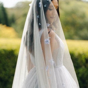 LAVINA | blue wedding veil, dusty blue bridal veil, cathedral veil with floating blue flowers for rustic vintage style wedding