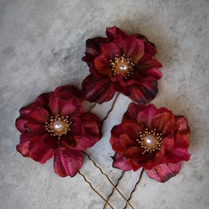 BACI | burgundy flower hair pins, red bridal hair pins, boho wedding bridesmaids accessories, gift for her