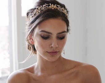 ROZENBURY | kristallen bruiloft tiara voor boho bruiloft haar, gouden bruids tiara, boho bruids hoofddeksel