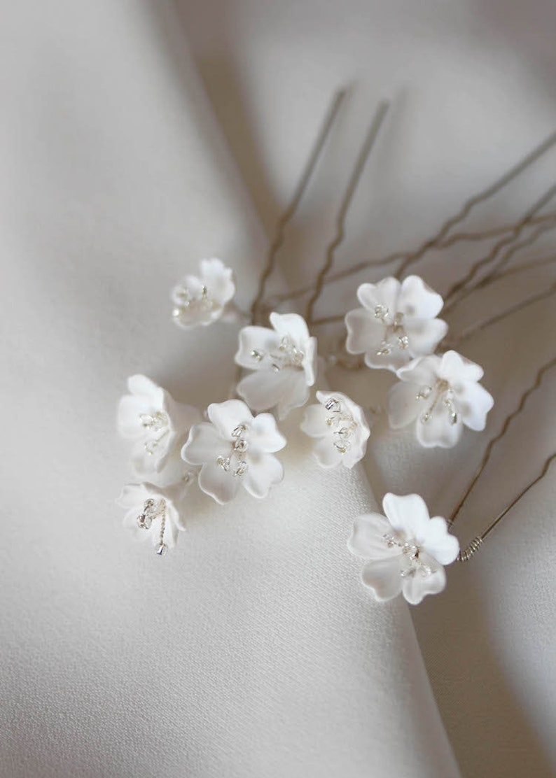 WHISPER Floral hair pins, wedding hair flowers, floral hair pin, floral hair piece Silver/white