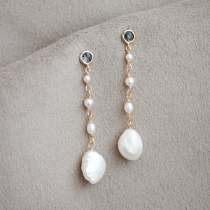 ORION | Something blue bridal earrings, pearl drop earrings with freshwater pearls and blue crystals, gift for bride