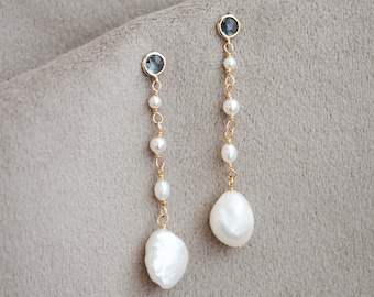 ORION | Something blue bridal earrings, pearl drop earrings with freshwater pearls and blue crystals, gift for bride