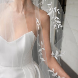 WILD WILLOWS Chapel wedding veil, embellished bridal veil with blusher, bridal veil with lace leaves image 9