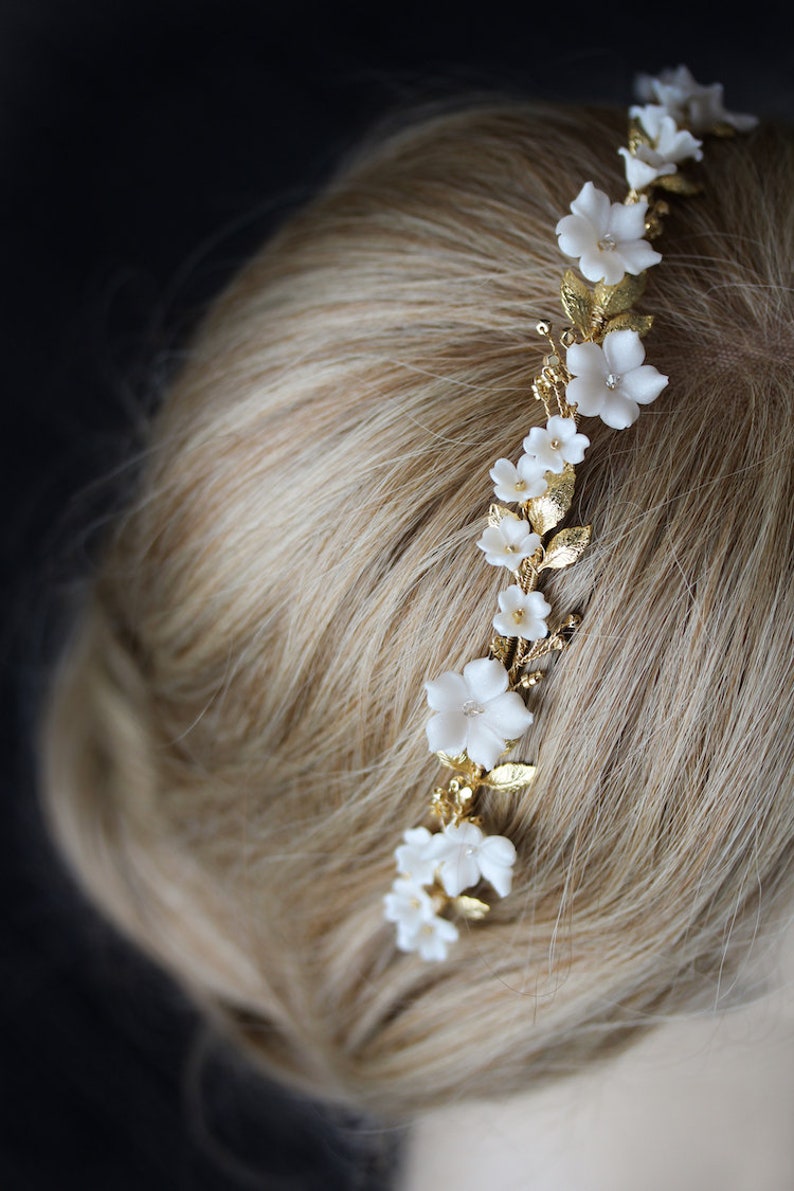 MONA Floral bridal headband, gold bridal headpiece, floral bridal tiara, gold wedding crown image 2