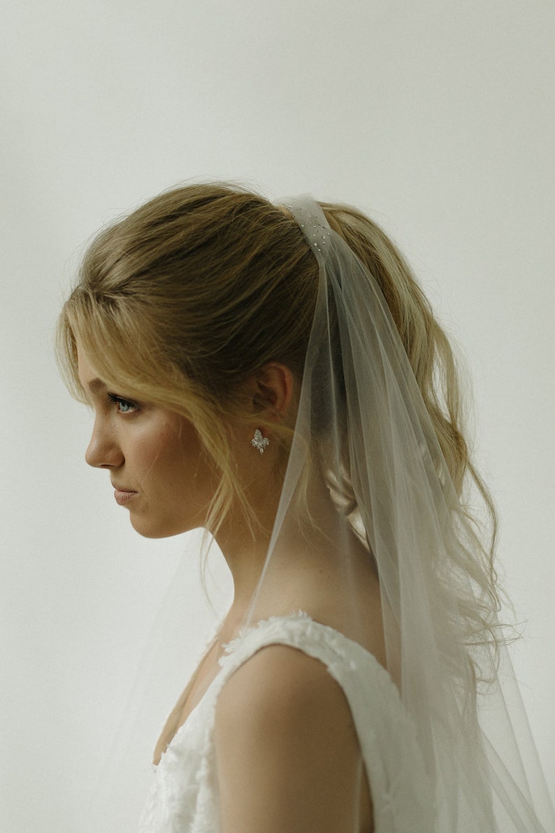RESERVED for ELAINE BORDEAUX Ponytail veil, fingertip veil for wedding ponytails, bridal veil fingertip image 1