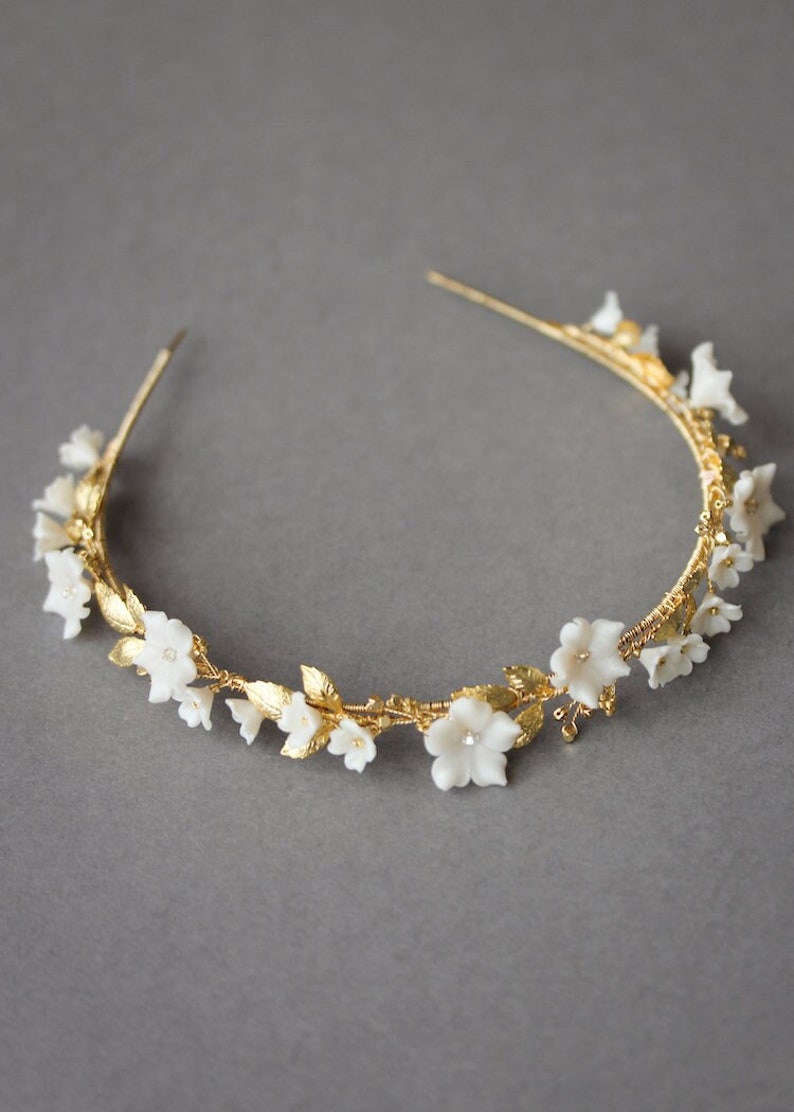 MONA Floral bridal headband, gold bridal headpiece, floral bridal tiara, gold wedding crown image 1