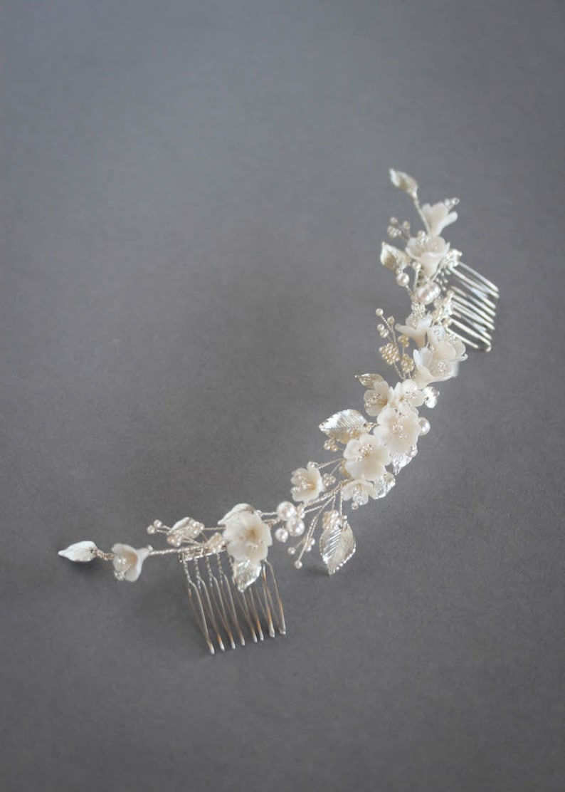 LYRIC Floral hair piece in pale gold, wedding headpiece for boho weddings Silver