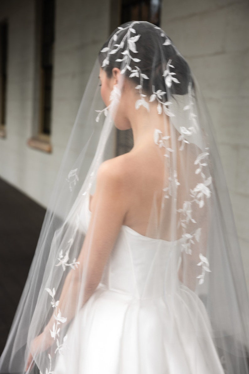 WILD WILLOWS Chapel wedding veil, embellished bridal veil with blusher, bridal veil with lace leaves image 2