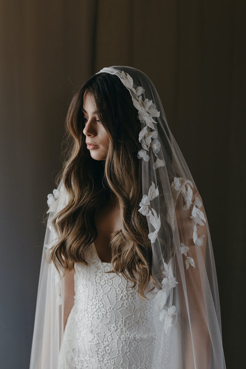 CARMEN Juliet cap veil, bridal cape veil, lace wedding veil, cathedral wedding veil, floor length veils image 1