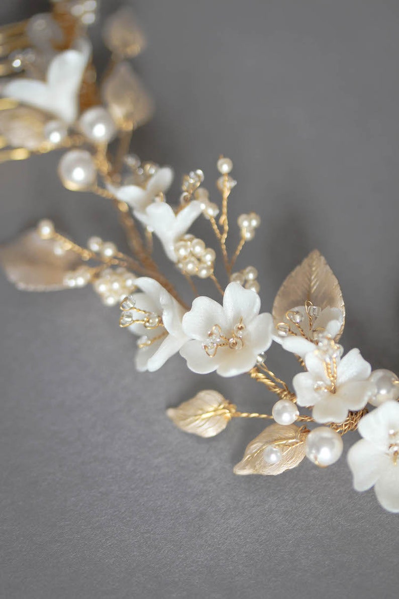 LYRIC Floral hair piece in pale gold, wedding headpiece for boho weddings image 9