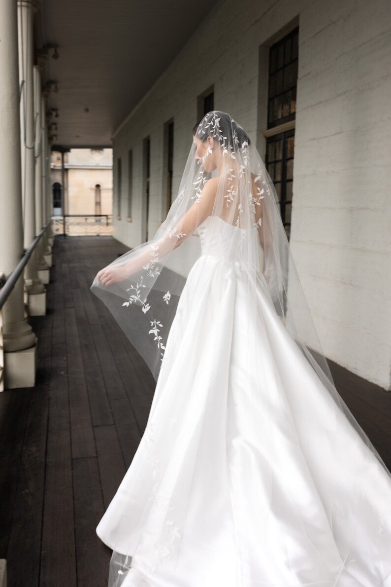 WILD WILLOWS Chapel wedding veil, embellished bridal veil with blusher, bridal veil with lace leaves image 6