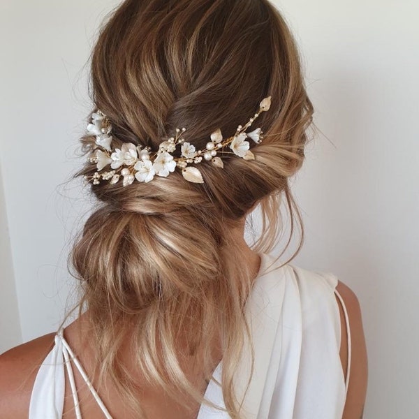 LYRIC | Floral hair piece in pale gold, wedding headpiece for boho weddings