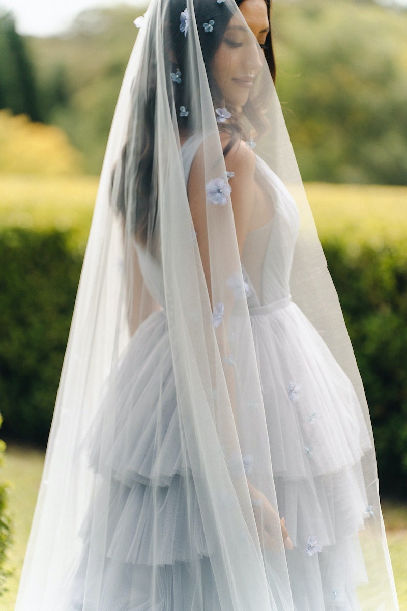 LAVINA | blue wedding veil, dusty blue bridal veil, cathedral veil with floating blue flowers for rustic vintage style wedding
