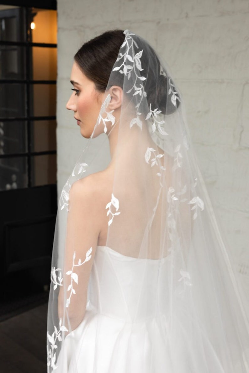 WILD WILLOWS Chapel wedding veil, embellished bridal veil with blusher, bridal veil with lace leaves image 1