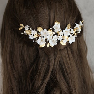 ROSEWOOD | bridal headpiece with gold leaves floral, bridal hair vine for rustic vintage style wedding