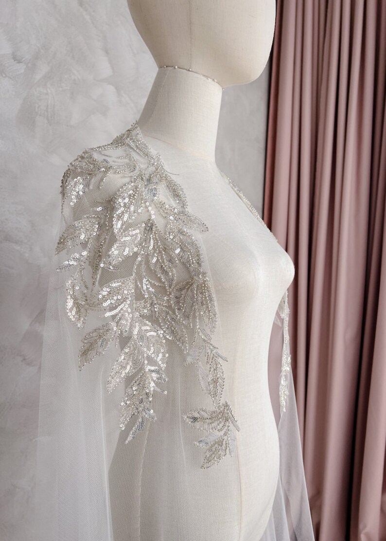 WATERFALL Silver beaded bridal cape, wedding cape, Art Deco bridal cape, beaded cape veil image 7