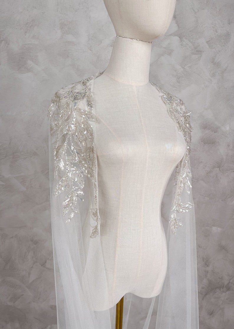 WATERFALL Silver beaded bridal cape, wedding cape, Art Deco bridal cape, beaded cape veil image 5
