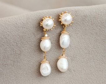 LEON | Pearl bridal earrings, statement wedding earrings, pearl drop earrings, gold bridal earrings