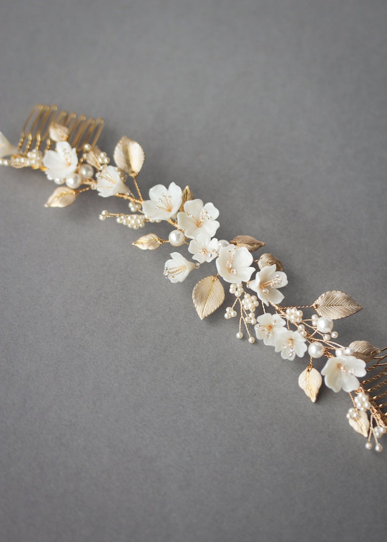 LYRIC Floral hair piece in pale gold, wedding headpiece for boho weddings Gold
