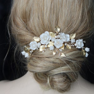 CASSIA | gold bridal headpiece, wedding hair piece with flowers for elegant garden wedding ceremony