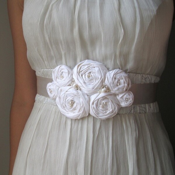 SASH BELT silk rosettes - ivory silk dupioni